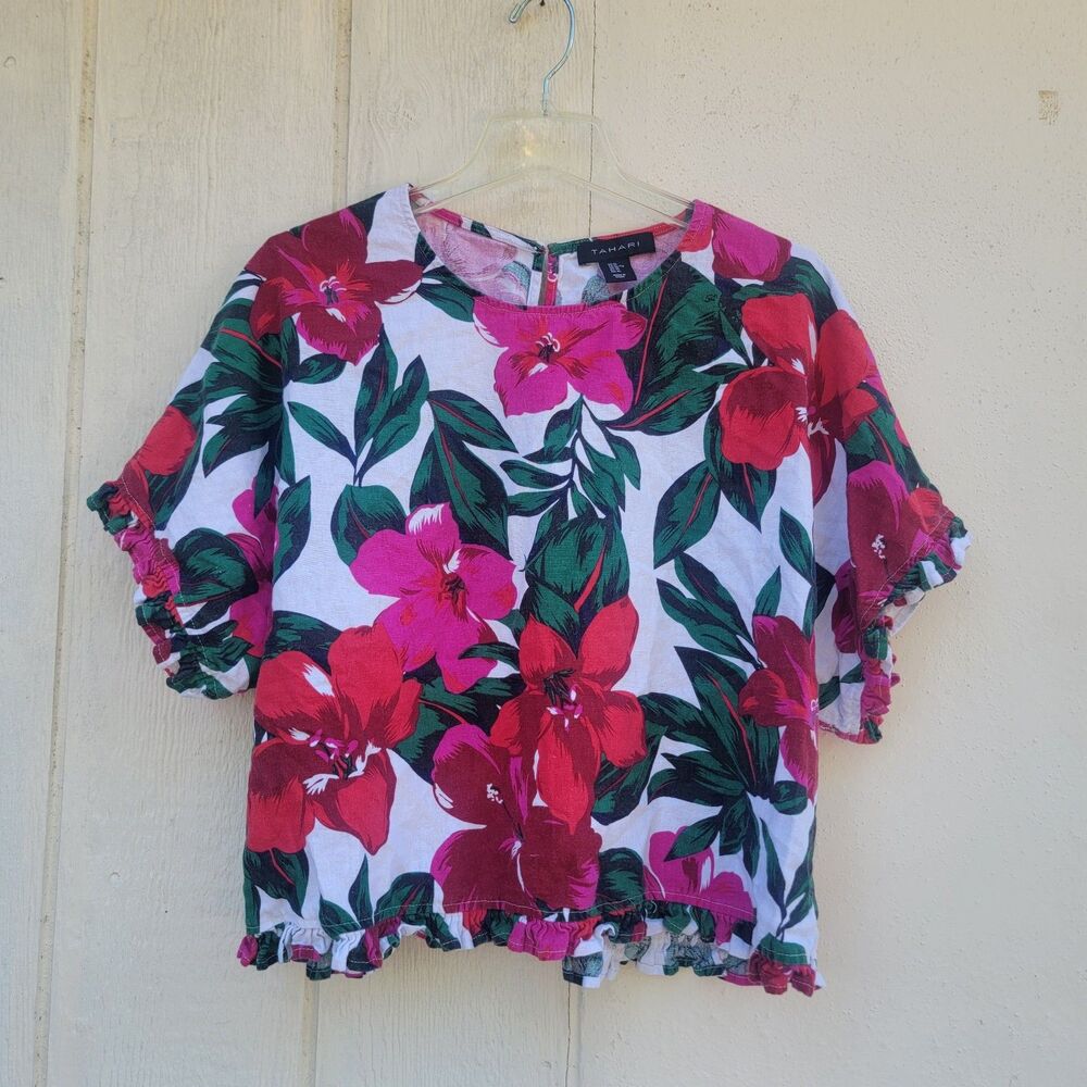 Tahari Multicolor Floral Linen Blend Top Sz XL Beachy Coastal Boxy